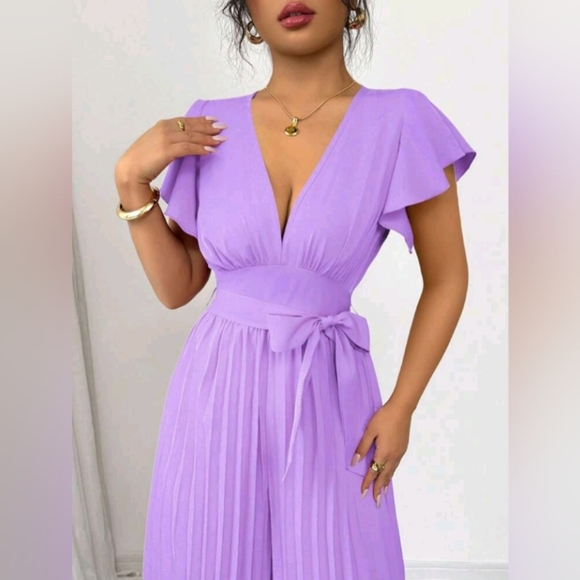 Women V-Neck Ruffled Sleeve Pleated Wide Leg Jumpsuit With Waist Cincher - Picture 4 of 5